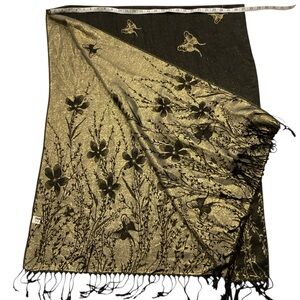Pashmina Black/Gold Reversible Flowers and Butterflies Scarf Wrap Shawl, 72 x 27